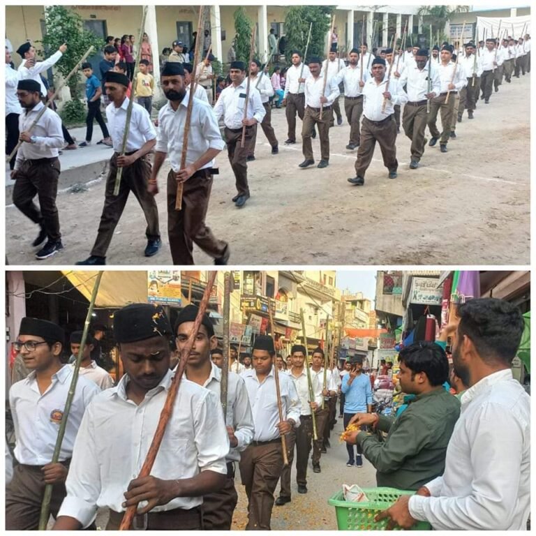 भगवानपुर में आरएसएस के स्वयं सेवकों ने निकाला पथ संचलन, लोगों ने स्वयंसेवकों पर बरसाए फूल